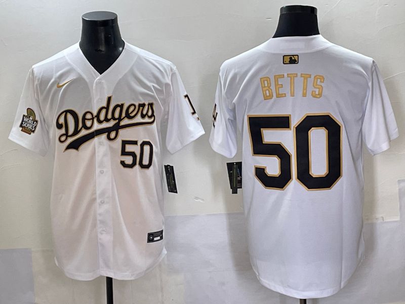 Men 2025 Los Angeles Dodgers #50 Betts White Gold Nike MLB Jersey style 6274